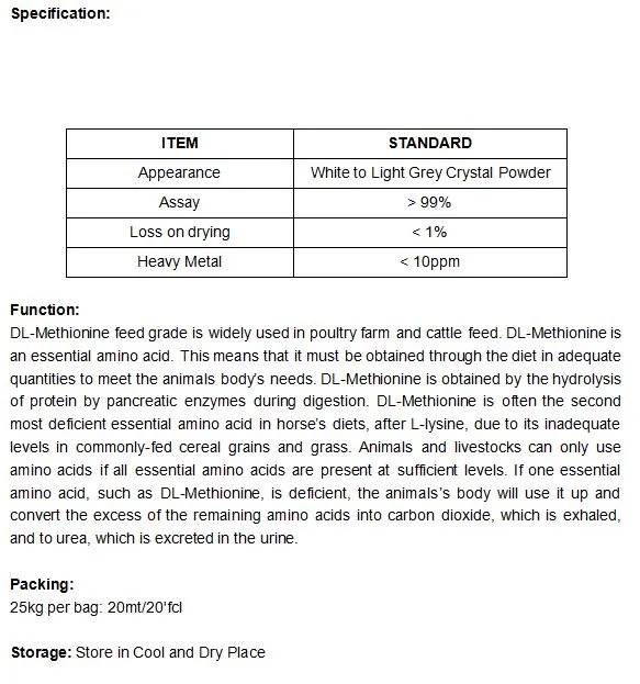 Dl Methionine for Animal Poultry Feed Hot Sale