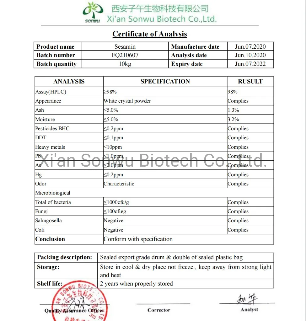 Sonwu Supply Sesamin Extract Capsules 98% Powder and OEM Sesamin